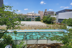 Ein verlassener Swimmingpool in einer Stadt, umgeben von einem Zaun und Bäumen, mit Gebäuden und einem bewölkten Himmel im Hintergrund.