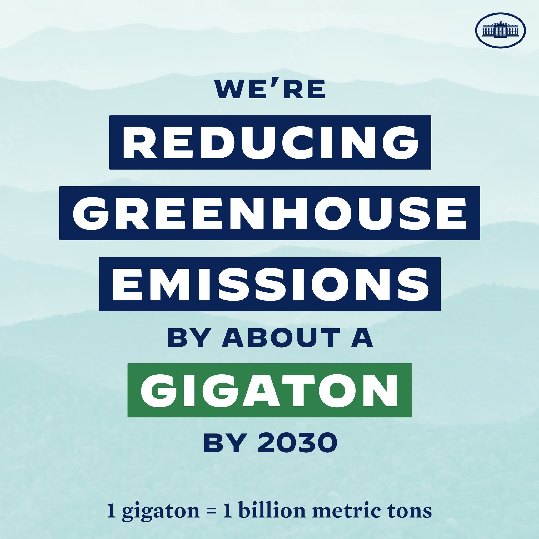 Plakat mit Text und Logo, auf dem steht: "Wir reduzieren die Treibhausgasemissionen um etwa eine Gigatonne bis 2030", und damit für eine signifikante Reduzierung der Treibhausgase bis 2030 wirbt.