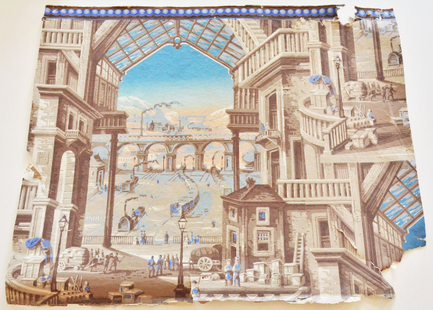 Mural, das eine belebte Stadtlandschaft mit Menschen, Gebäuden, Straßenlaternen, Straßenlaternen, Karren, Fußgängern, einer Brücke, Hügeln und einem bewölkten Himmel zeigt.