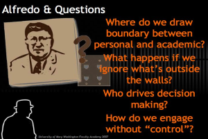 Ein Plakat mit einem Bild von Alfredo und Text, der Fragen zur Grenze zwischen Privatem und Akademischem stellt.