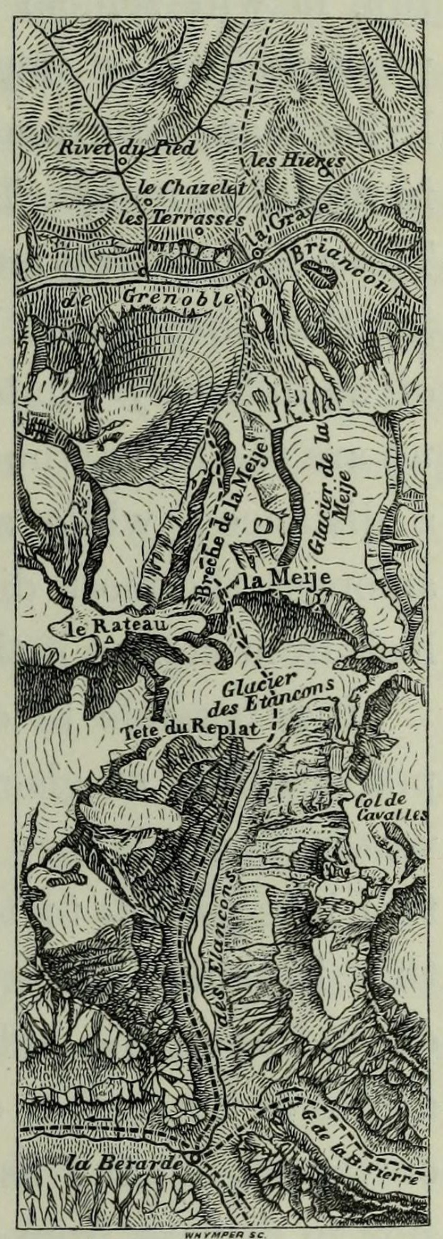 Schwarze und weiße topografische Karte des Rheins mit Höhenlinien und Geländeformen, mit beschrifteten geographischen Merkmalen und Textanmerkungen.