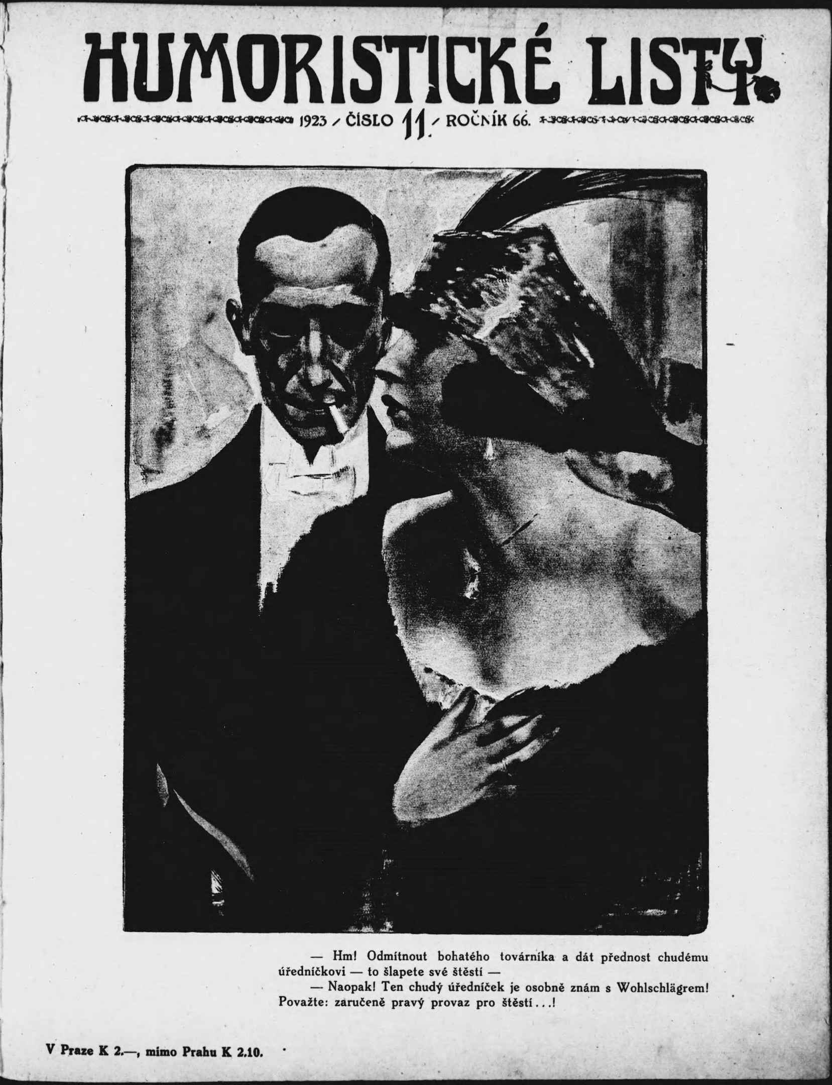 Schwarze und weiße Zeitschriftentitel 'Humoristische Liste' mit einem Mann im Anzug mit ernster Miene und einer Frau, die wegschaut und leicht schmunzelt.