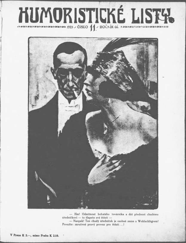 Schwarze und weiße Zeitschriftentitel 'Humoristische Liste' mit einem Mann im Anzug mit ernster Miene und einer Frau, die wegschaut und leicht schmunzelt.