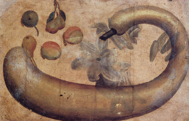 Ein leuchtendes Gemälde auf Papier mit einer Banane mit einer Blume, umgeben von verschiedenen Früchten und Blättern.