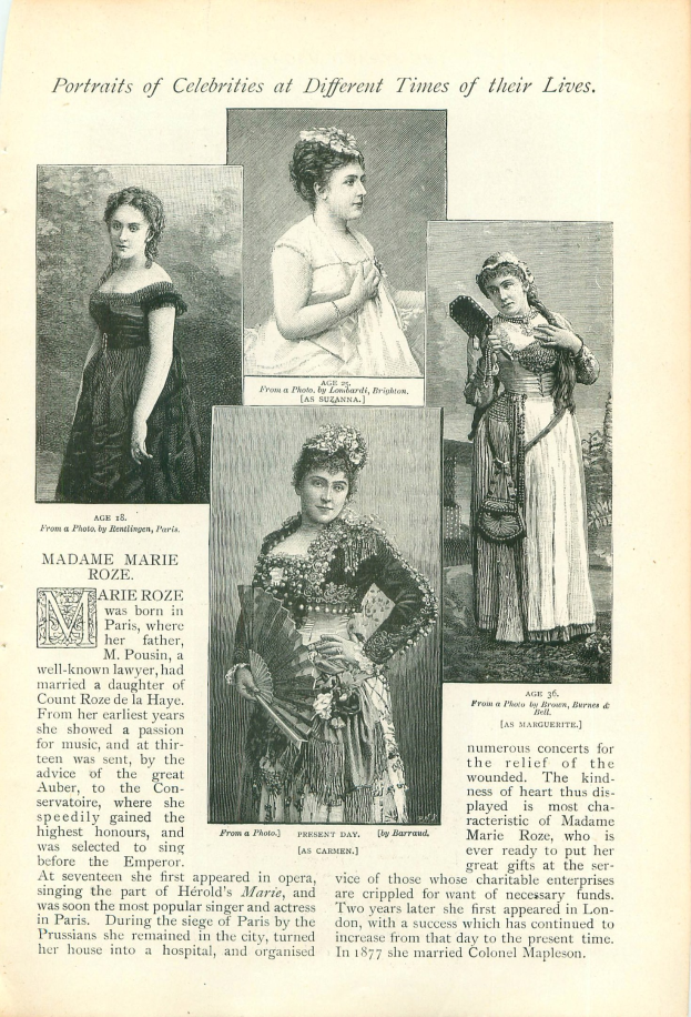 Altes Buchcover mit dem Titel "Porträts von Promis zu verschiedenen Zeiten ihres Lebens" mit Abbildungen von Frauen in historischen Kleidern, wobei die zentrale Figur ein langes, hochgeschlossenes Kleid mit einem Dutt trägt.