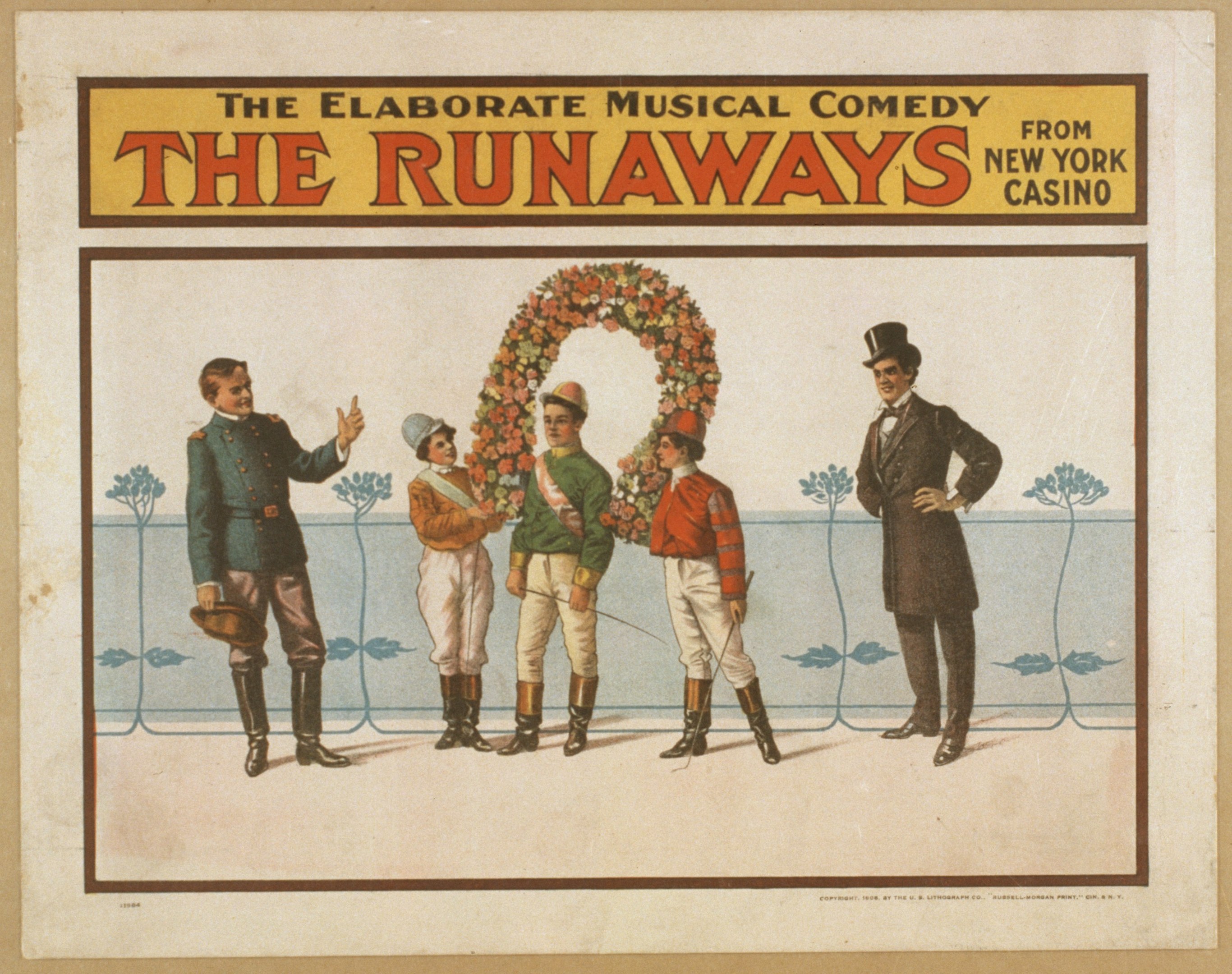 Plakat für "Elaborate Musical Comedy Runaways from New York Casino" mit einer Gruppe von Menschen in einer Reihe, wobei eine zentrale Person einen Blumenstrauß hält und Text den Comedy beschreibt.