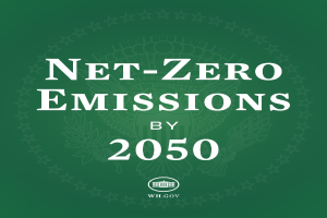 Weißer fetter Text auf einem grünen Hintergrund, der "net-zero emissions by 2050" lautet.