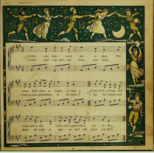 Ein Blatt mit einem Bild von Kindern, die fröhlich in bunten Kleidern tanzen, begleitet von einem Notenblatt mit der Überschrift "Girls and Boys".