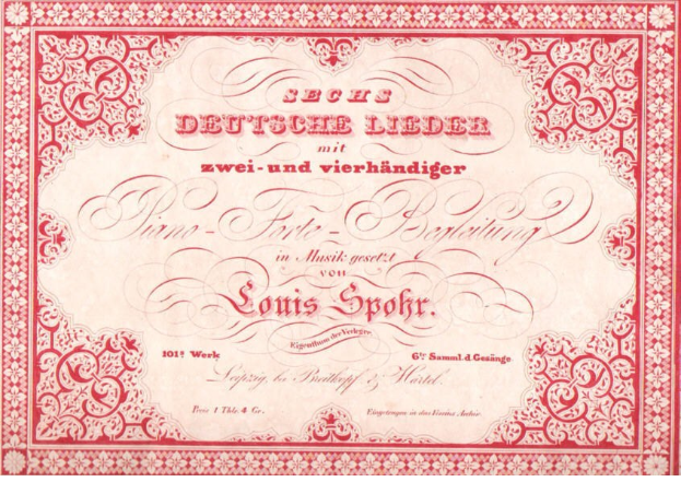Altes deutsches Aktienzertifikat mit der Aufschrift "Louis Spohr - Zweites Deutsches Lieder" und einem roten Rand und weißem Hintergrund.