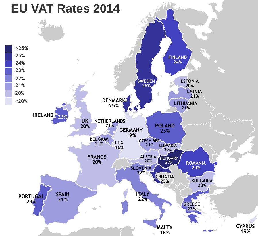 Eine Europakarte, die die EU-Mehrwertsteuersätze von 2014 mit Prozentangaben und Textanzeigen zeigt.