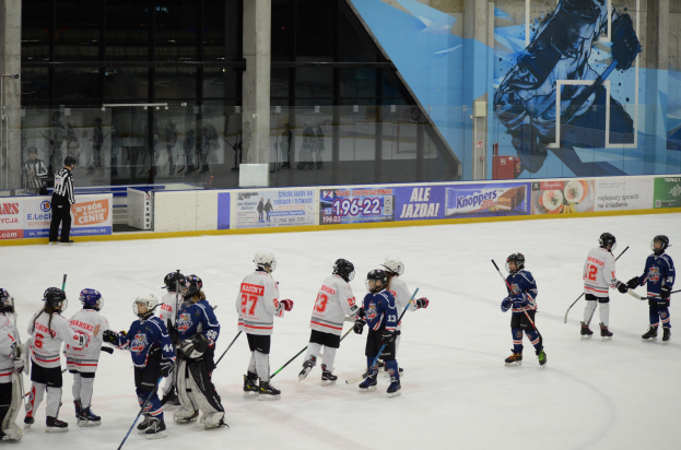 Gruppe junger Menschen, die Eis-hoc-key auf einer Indoor-Eisbahn spielen, mit Helmen und Stöcken, einer Person links und Bannern, Säulen und Glaswänden im Hintergrund.