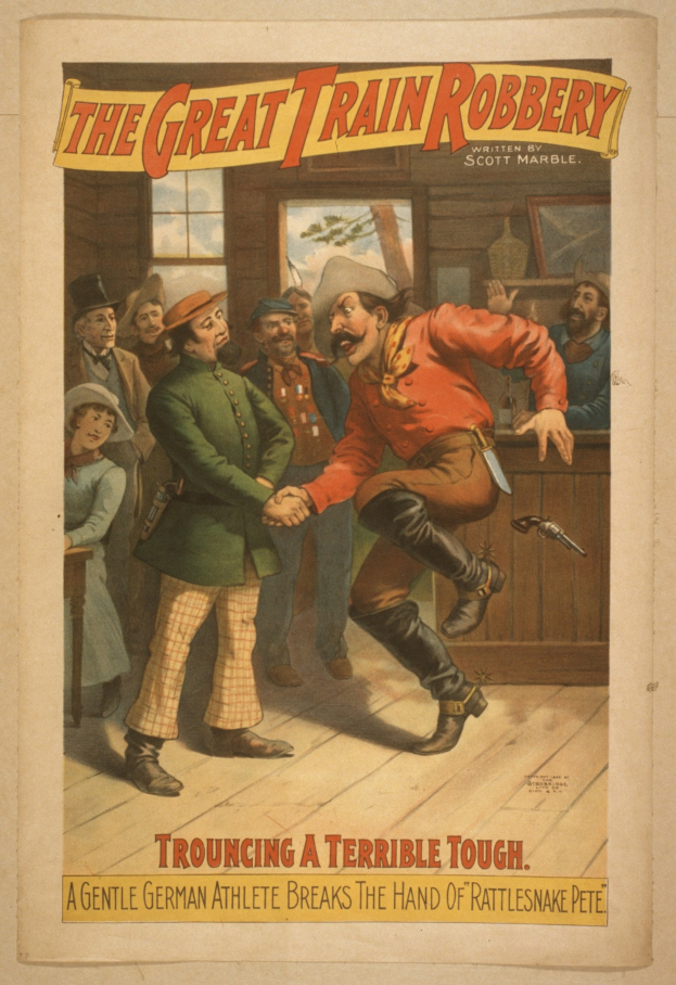 Plakat für "The Great Train Robbery" zeigt eine Gruppe von Menschen mit einem, der eine Waffe hält, ein Fenster, eine Wand und Text oben und unten.