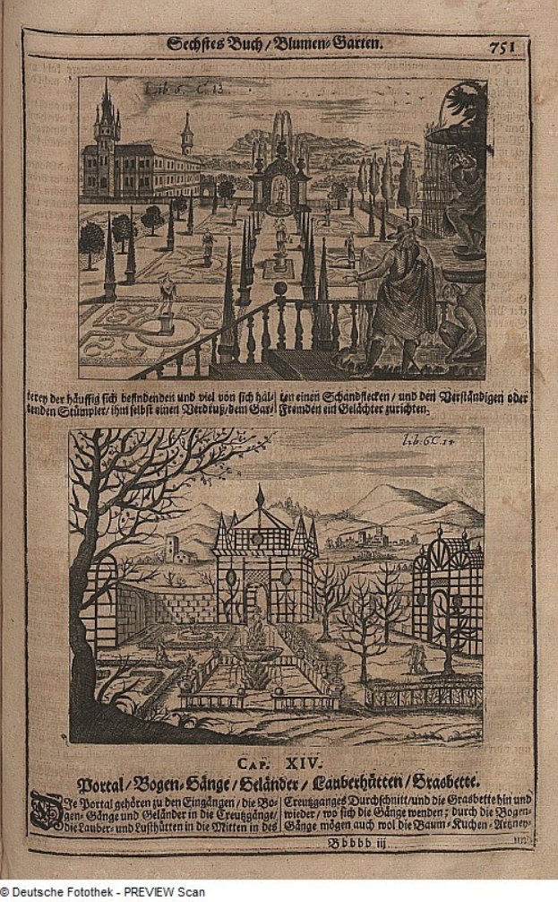 Offenes Buch mit detaillierter Stadtansicht auf seinen Seiten, begleitet von Text und kleineren Bildern.