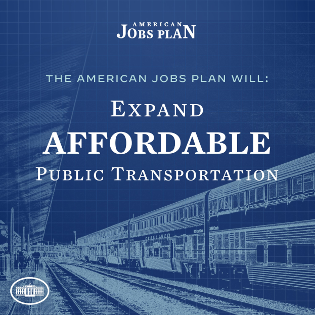 Ein Plakat mit einem Zug auf Schienen und einigen Menschen in der Nähe, der Text lautet "The American Jobs Plan Will Expand Affordable Public Transportation."
