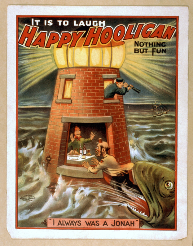 Plakat mit einem Leuchtturm, umgeben von Menschen, einem Fisch und Wasser, mit der Aufschrift "Es ist zum Lachen, fröhlicher Rowdy, nichts als Spaß" oben und unten.