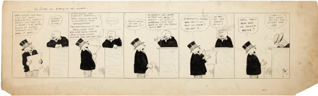 Ein Comic-Strip-Panel mit einem Mann in einem Zylinder und einer Frau in einem Kleid, die in einer animierten Diskussion vertieft sind, wobei der Mann ein Stück Papier hält.