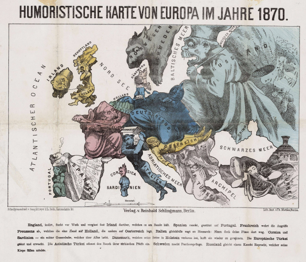 Plakat mit der Aufschrift "Humoristische Karte von Europa im Jahre 1870", das eine zentrale Europakarte mit Cartoon-Bildern und Text umgeben zeigt.