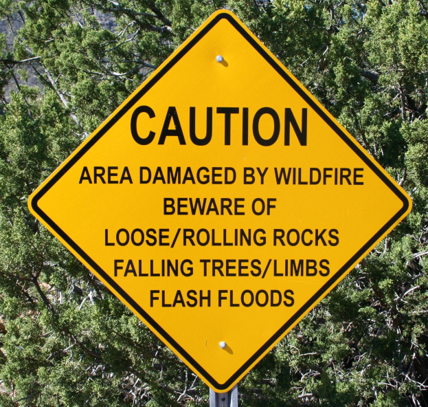 Gelbes Warnschild an einem Pfosten im Vordergrund mit Bäumen im Hintergrund, auf dem steht: "Vorsicht: Wildfire-Geschädigtes Gebiet - Achten Sie auf lockere rollende Steine, umstürzende Bäume, Äste, Flash Floods."