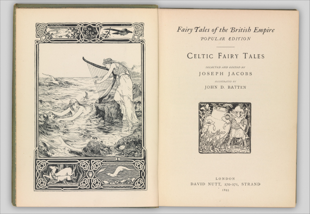 Offenes Buch mit einem keltischen Fee-Märchen-Umschlag, das detaillierte, leuchtende Illustrationen zeigt, auf einer flachen Oberfläche mit sichtbarem Text auf der Seite.