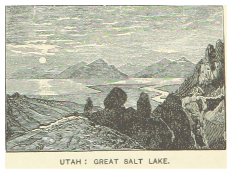 Ein malerischer Blick auf den Großen Salzsee in Utah mit sanften Hügeln, ruhigem Wasser und einem strahlend blauen Himmel, der eine Kursivschrift am unteren Rand trägt.