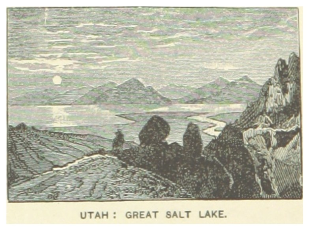 Ein malerischer Blick auf den Großen Salzsee in Utah mit sanften Hügeln, ruhigem Wasser und einem strahlend blauen Himmel, der eine Kursivschrift am unteren Rand trägt.