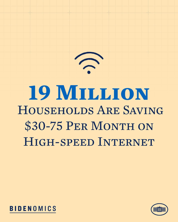 Plakat mit der Aufschrift "19 Millionen Haushalte sparen $30-75 pro Monat bei High-Speed-Internet" mit einem Logo.