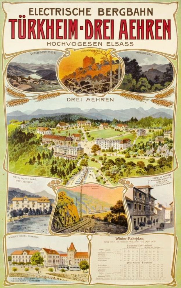 Plakat für Bergbahn, Deutschland als elektrischen Stadt, mit Bildern von Gebäuden, Bäumen, Höhen und beschreibendem Text.