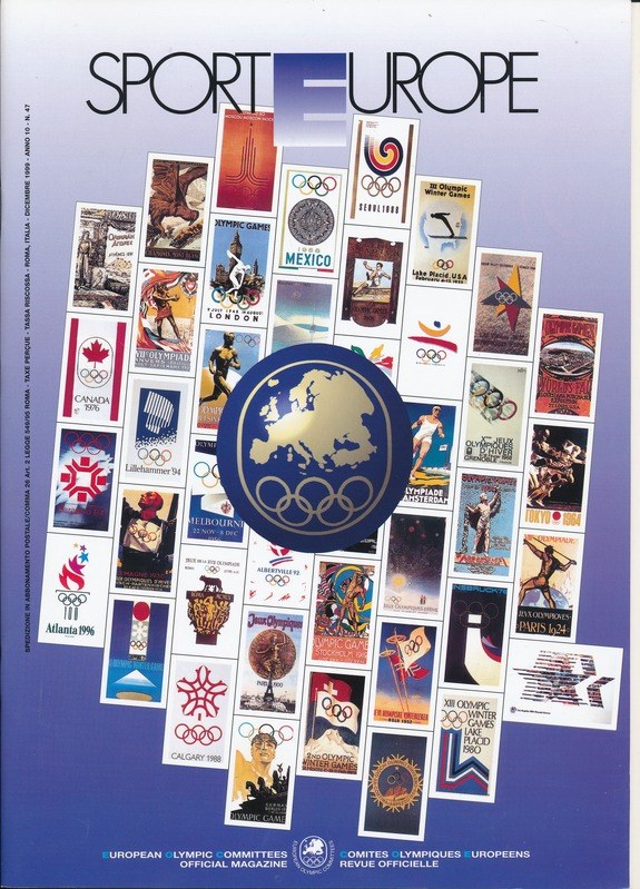 Ein Buchumschlag mit dem Titel "Sport in Europa" mit leuchtenden olympischen Bildern, Symbolen und Texten in komplexen Designs.