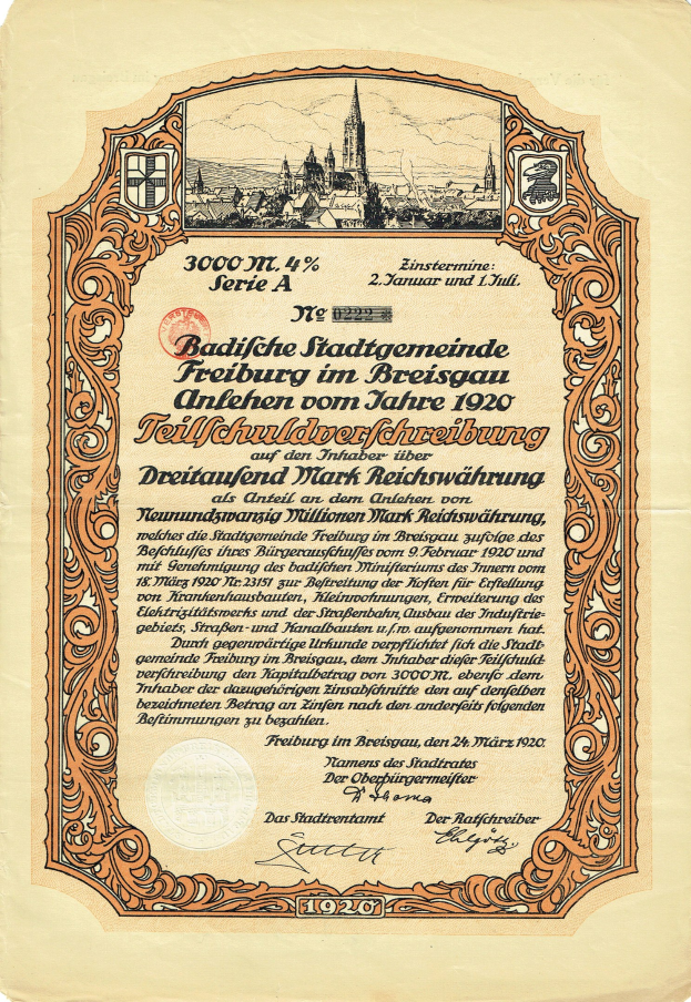 Altes deutsches Aktienzertifikat mit einer Stadtansicht und gedrucktem Text, das likely den Ursprung der Aktie beschreibt.