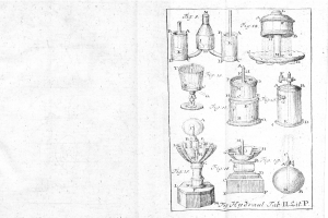 Ein Bild aus einem Buch mit einer Zeichnung verschiedener Laborgeräte, einschließlich eines Glases, sowie begleitendem Text.