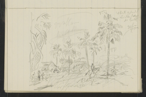 Ein offenes Skizzenbuch, das eine Zeichnung von Menschen zeigt, die in einem üppigen Dschungel mit hohen Bäumen, einem tiefblauen Himmel mit Wolken und hellem Sonnenschein stehen.