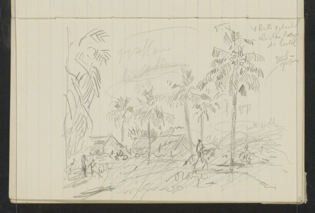 Ein offenes Skizzenbuch, das eine Zeichnung von Menschen zeigt, die in einem üppigen Dschungel mit hohen Bäumen, einem tiefblauen Himmel mit Wolken und hellem Sonnenschein stehen.