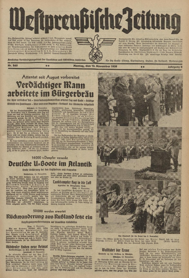 Titelseite der deutschen Zeitung *Weitpreubliche Zeitung* vom 13. November 1939, die eine Gruppe von Menschen in traditioneller deutscher Kleidung zeigt.