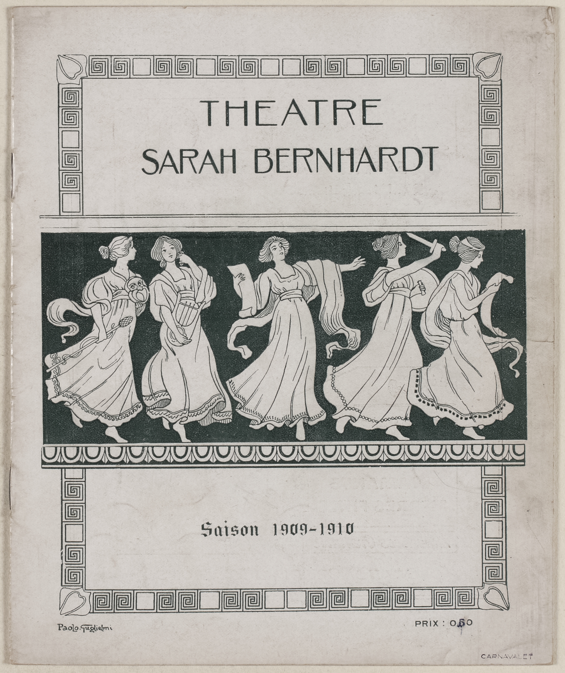 Ein Vintage-Plakat des Théâtre Sarah Bernhardt aus dem Jahr 1909-1910, das eine Gruppe von Frauen in der Mitte zeigt.