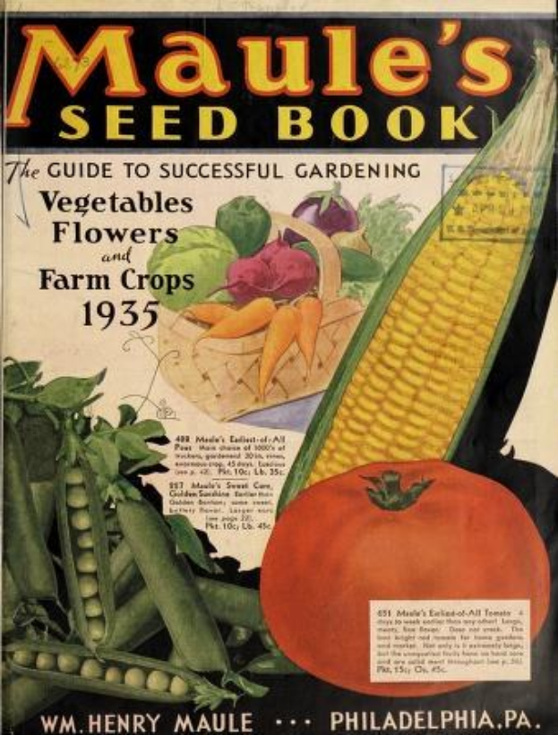 Der Umschlag eines 1935 erschienenen Buches namens "Maule's Seed Book: The Guide to Successful Gardening Vegetables, Flowers, and Farm Crops" mit Bildern verschiedener Gemüse und Text.