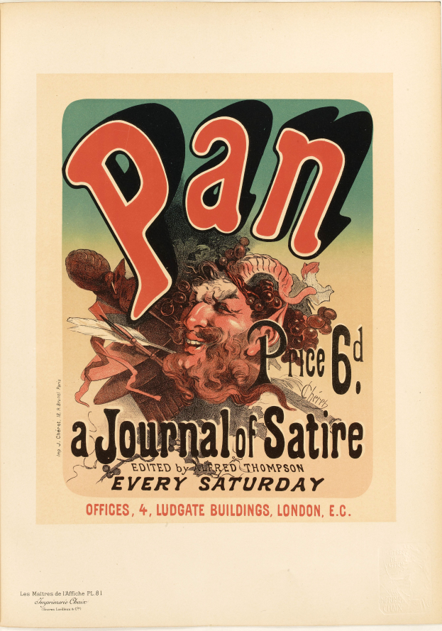 Ein Plakat mit einem Porträt eines Menschen mit kurzen, dunklen Haaren, der ein weißes Hemd trägt und einen ernsten Gesichtsausdruck hat, mit der Aufschrift "Pan: Eine Satirezeitschrift" in fetter, schwarzer Schrift in der Mitte auf einem weißen Hintergrund.