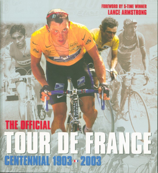 Offizielles Tour-de-France-Jubiläumsplakat von 1903-2003, das Radfahrer in einer Gruppe zeigt, mit Text.