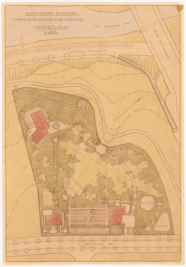 Alte detaillierte Karte eines Parks mit Gebäuden, Bäumen, Straßen und Sehenswürdigkeiten auf altem Papier mit beschreibendem Text.