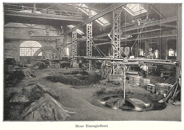 Schwarzes und weißes Foto eines Fabrikinnenraums mit Arbeitern an Maschinen, umgeben von Metallstangen und -pfählen, beschriftet mit "Neue Eisenglebeerei, die erste Fabrik in Deutschland" unten.