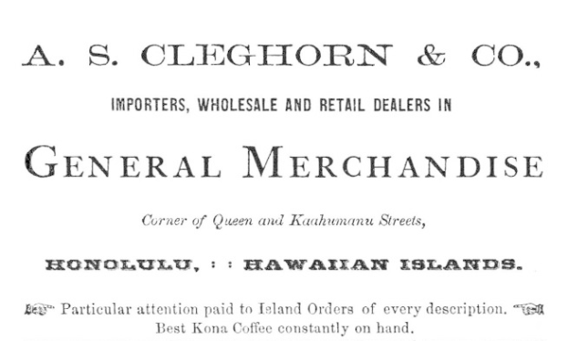 Schwarzes und weißes Papier mit dem Text "A.S. Cleghorn & Co. Importeure, Groß- und Einzelhandelshändler für Allgemeinwaren" darauf gedruckt.