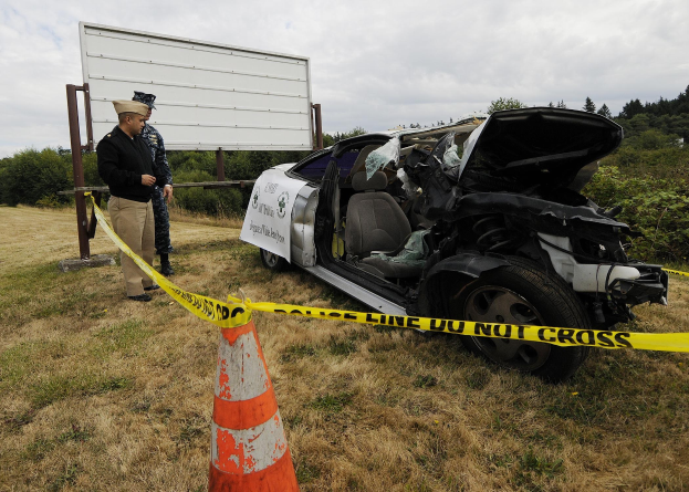 Ein Polizeibeamter in Uniform steht neben einem schwer beschädigten Auto am Straßenrand, mit eingedellter Haube und zersplitterten Fenstern, bei einem Verkehrskegel und einem bandagierten Pfahl, vor einem Hintergrund von Bäumen und einem bewölkten Himmel.