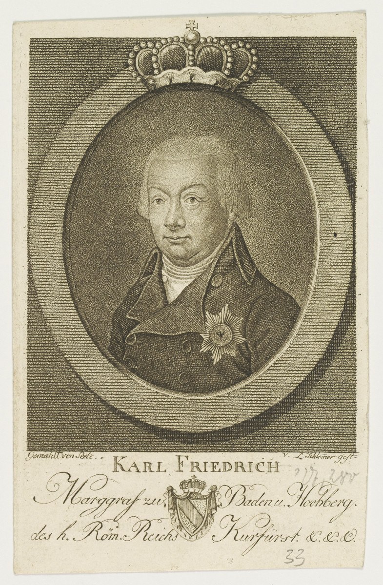 Porträt von Karl Friedrich Friedrich, König von Deutschland, mit Krone, ernstem Gesichtsausdruck und direktem Blick.