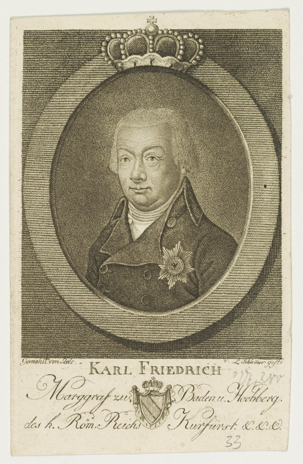 Porträt von Karl Friedrich Friedrich, König von Deutschland, mit Krone, ernstem Gesichtsausdruck und direktem Blick.