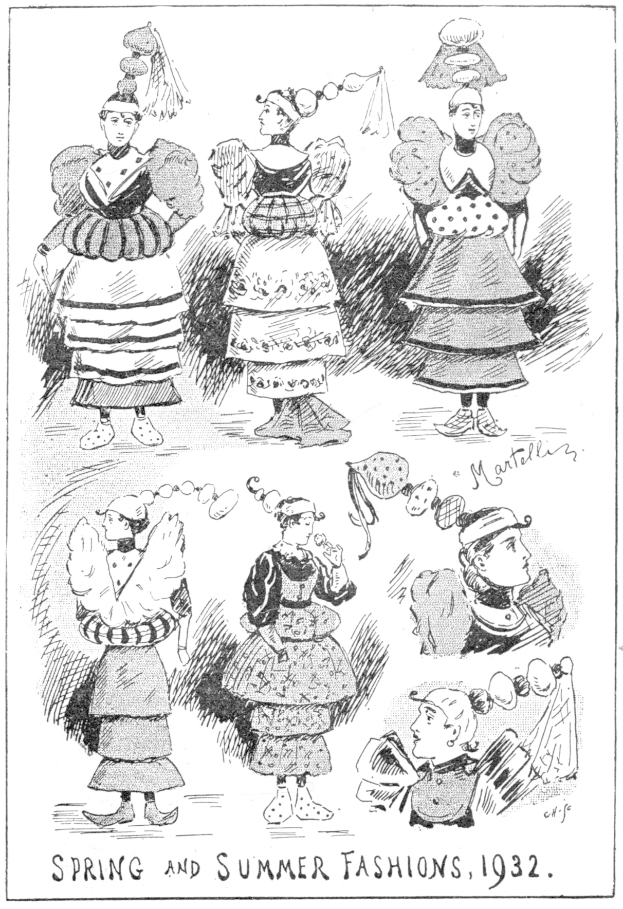 Fashion-Illustration von Frauen in 1932er Frühlings- und Sommerkleidern mit beschreibendem Text auf dem Papier.