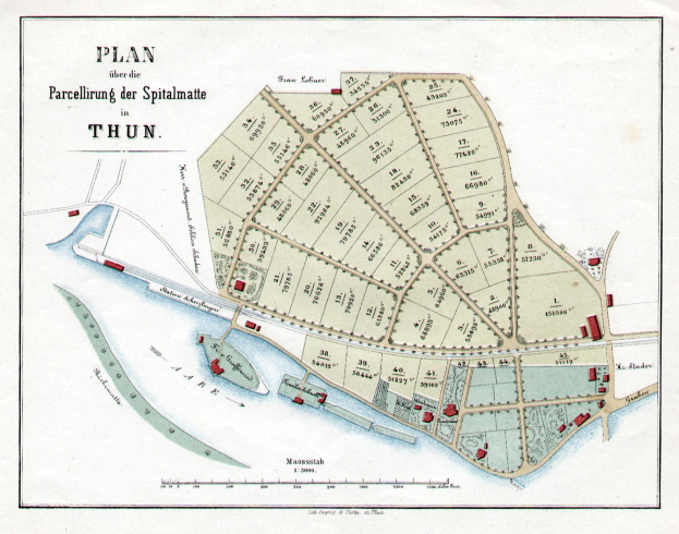 Ausführliche alte Karte von Thun, Deutschland, mit Straßennamen, Gebäuden und Sehenswürdigkeiten mit Textanmerkungen.