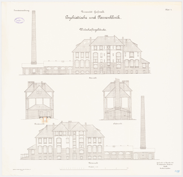 Eine Zeichnung eines mehrfenstrigen Gebäudes mit einem Schornstein, das als psychiatrische Klinik in Deutschland identifiziert wurde, begleitet von beschreibendem Text.