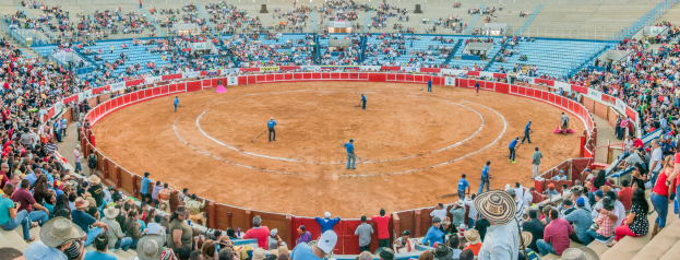 Eine große Menschenmenge schaut bei einer Stierkampfveranstaltung in einem Stadion zu, wobei einige stehen, sitzen oder Gegenstände halten und eine Person mit Hut unten zu sehen ist.