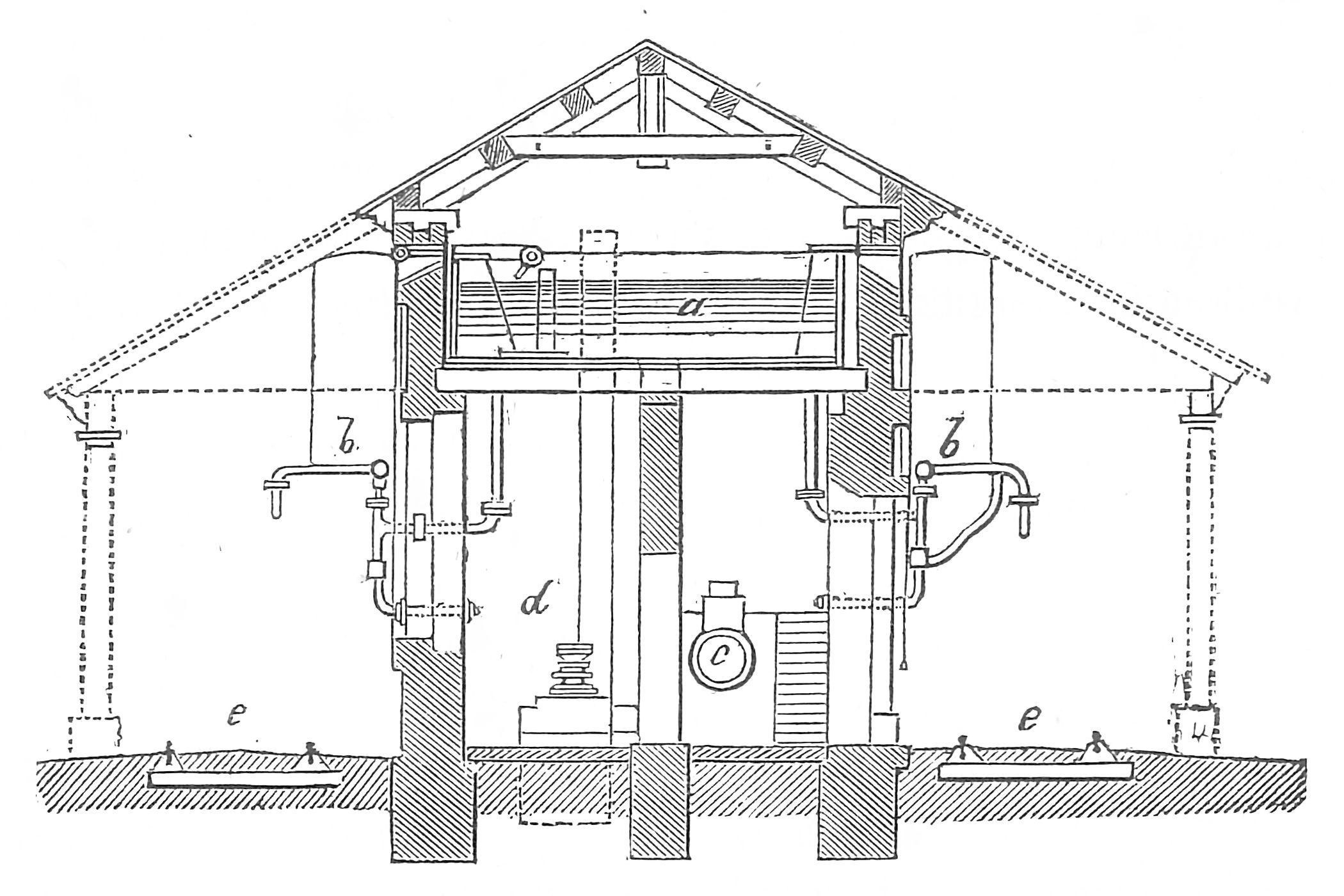 Eine detaillierte Strichzeichnung eines Hauses mit einem Wassererhitzer, einem zylindrischen Boiler mit einer flachen Ober- und Unterseite, der an Rohre und Ventile angeschlossen ist und in der Mitte einer Wand steht.
