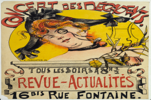 Ein Konzertplakat für die Decadents, das eine Frau mit einem menschlichen Gesicht und Text zeigt, der Informationen zum Event enthält.