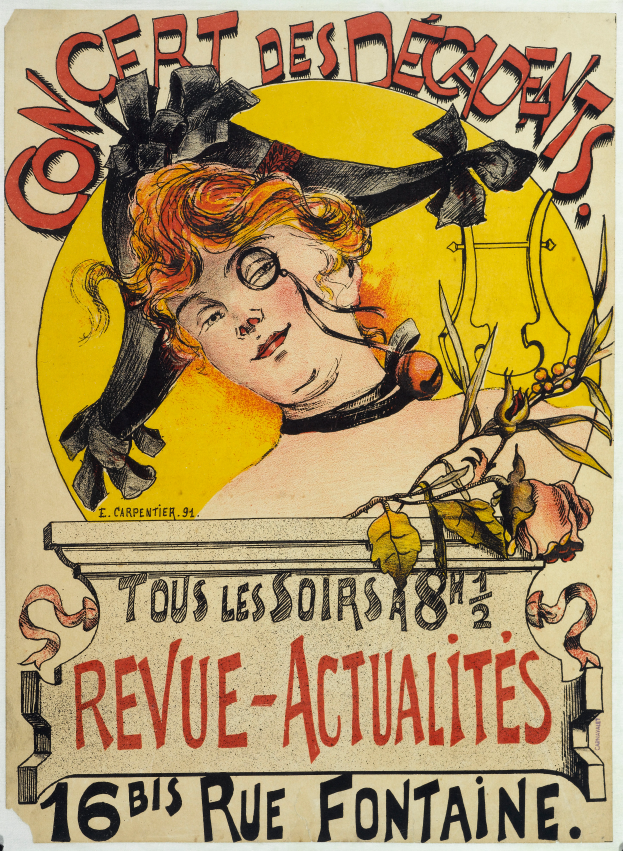 Ein Konzertplakat für die Decadents, das eine Frau mit einem menschlichen Gesicht und Text zeigt, der Informationen zum Event enthält.